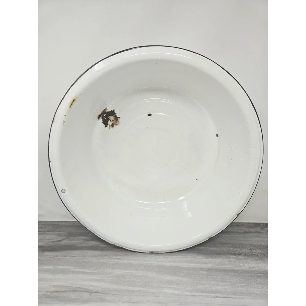 VTG White Black Enamelware Basin Bowl Antique Primitive Large 15